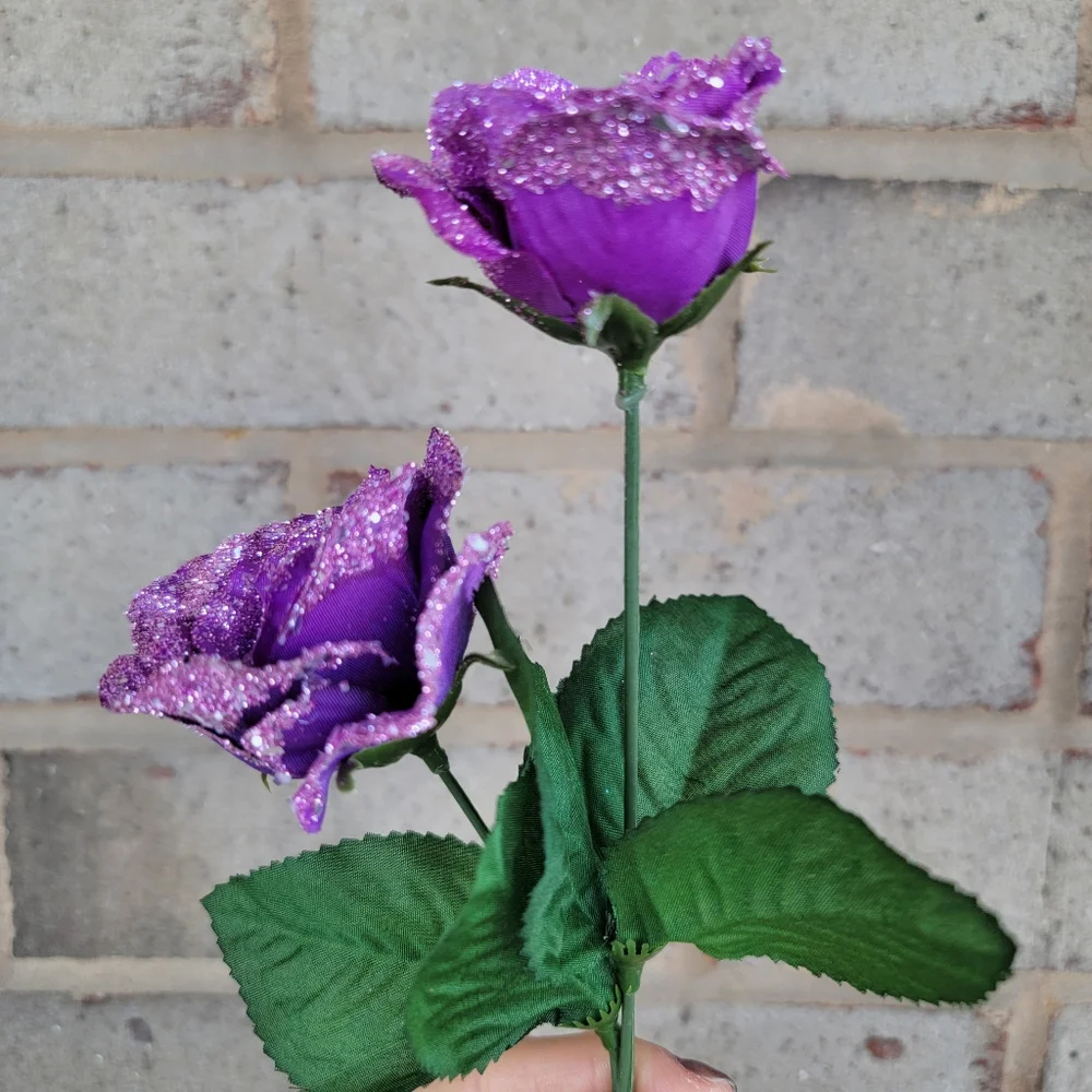 Handmade Purple Glitter Faux Rose Stems Artificial Flowers Sparkly Floral Decor